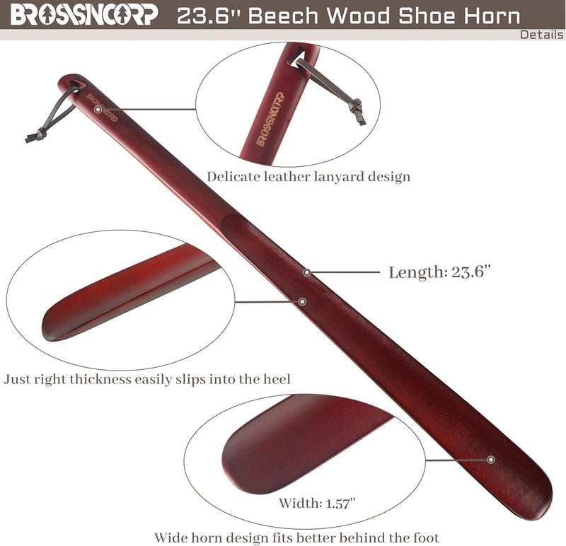 Brosisincorp قرن حذاء خشبي بمقبض طويل لكبار السن 23.6" مساعد سهل للارتداء للأحذية للنساء والأطفال والرضع وكبار السن مع حلقات تعليق - Image 2